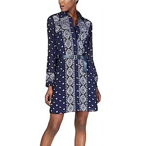 MICHAEL Michael Kors Navy Paisley Bandanna Long Sleeve Shirt Dress Size …